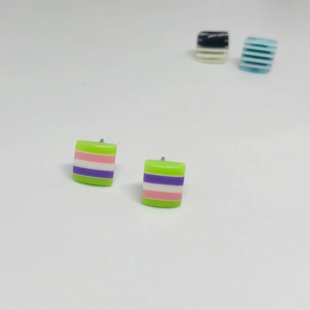 Multi Color Minimalist Repurposed Vintage Striped Bead Stud Earrings